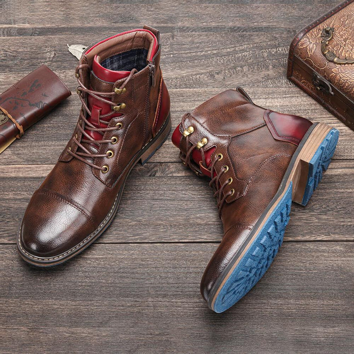 Men's Leather Cap-Toe Lace-Up Boots with Side Zip