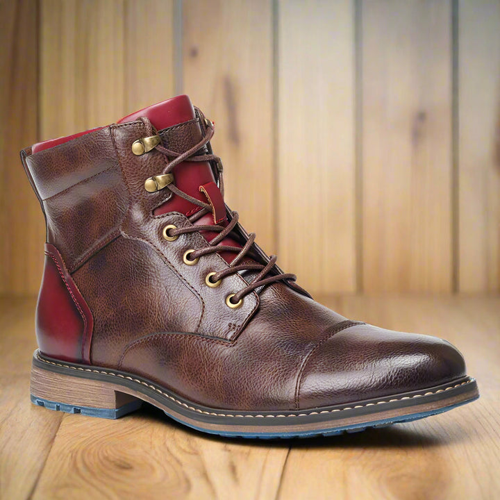 Men's Leather Cap-Toe Lace-Up Boots with Side Zip