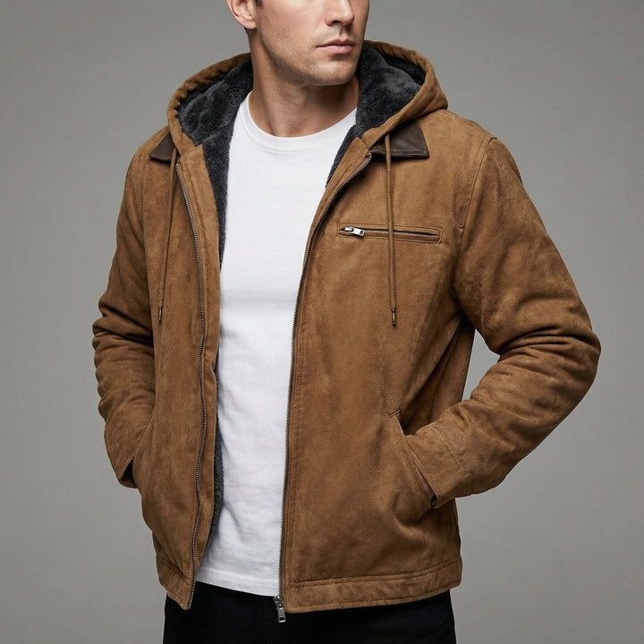 Men's Hooded Suede Jacket with Fleece Lining