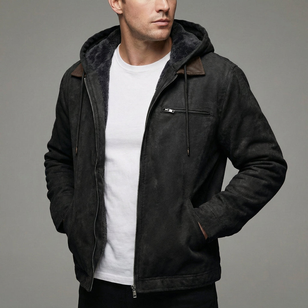 Men's Hooded Suede Jacket with Fleece Lining