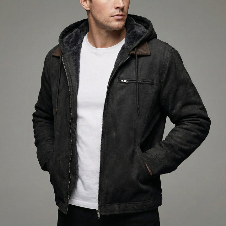 Men's Hooded Suede Jacket with Fleece Lining