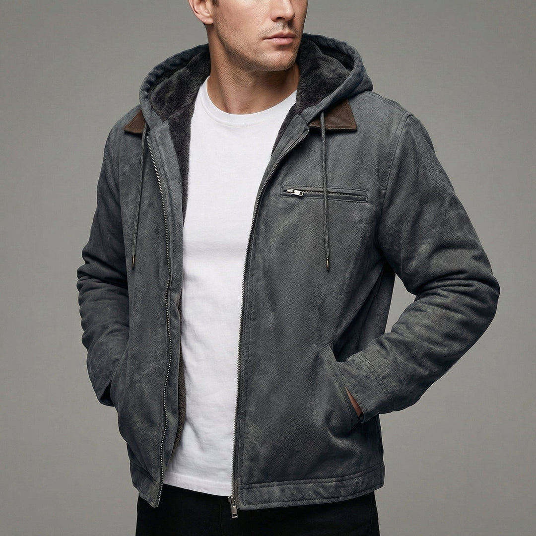Men's Hooded Suede Jacket with Fleece Lining