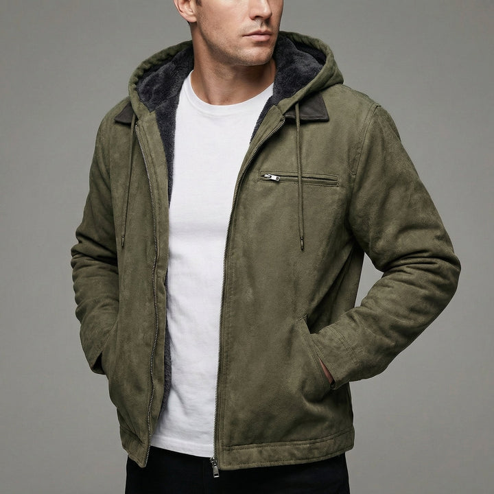 Men's Hooded Suede Jacket with Fleece Lining