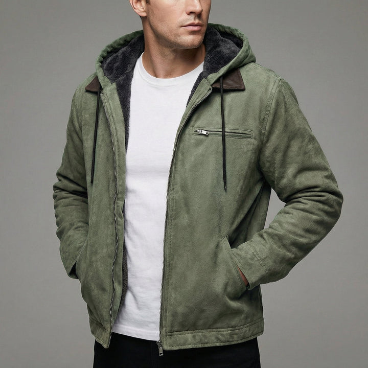 Men's Hooded Suede Jacket with Fleece Lining