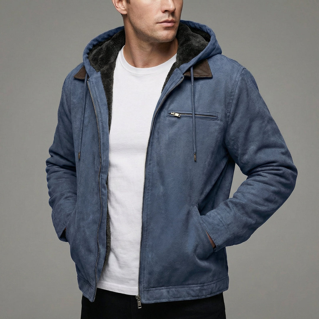 Men's Hooded Suede Jacket with Fleece Lining