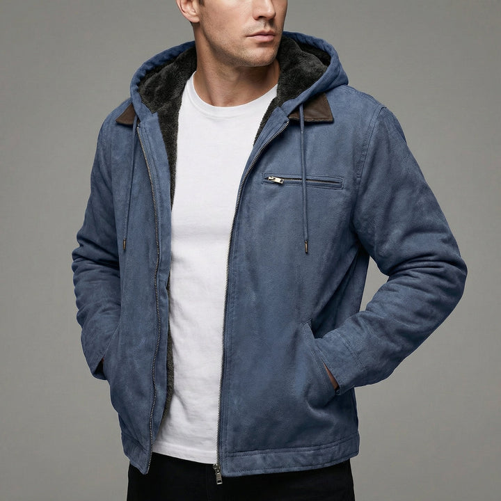 Men's Hooded Suede Jacket with Fleece Lining