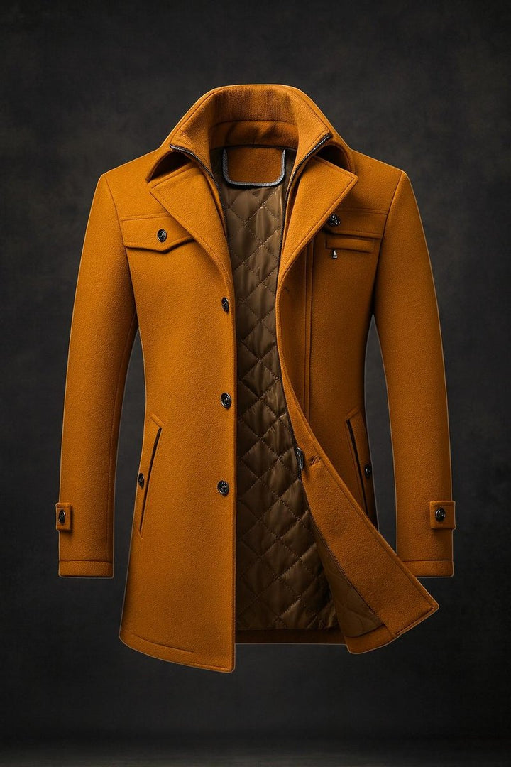 Men's Funnel Neck Wool Coat with Quilted Lining