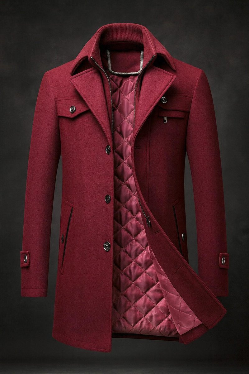 Men's Funnel Neck Wool Coat with Quilted Lining