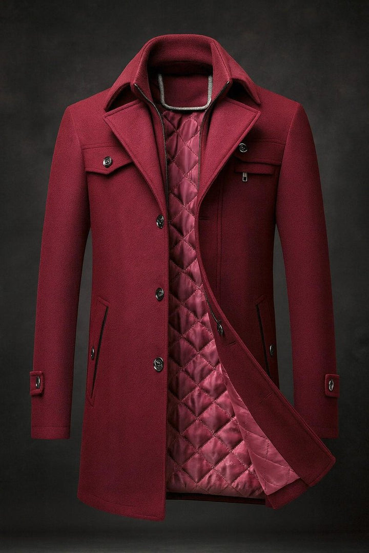 Men's Funnel Neck Wool Coat with Quilted Lining