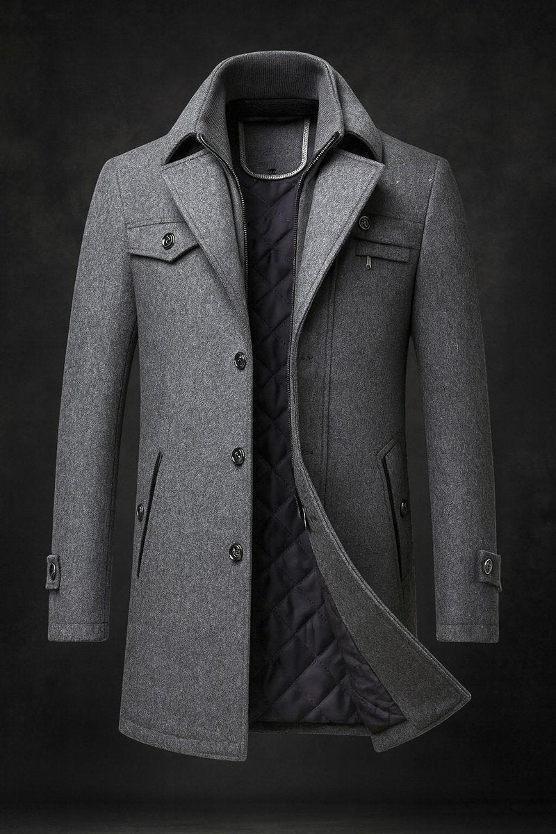 Men's Funnel Neck Wool Coat with Quilted Lining