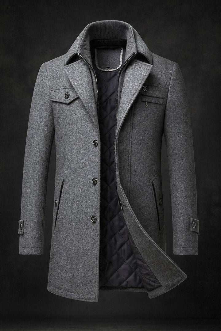Men's Funnel Neck Wool Coat with Quilted Lining
