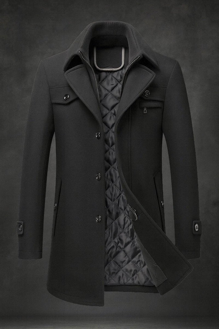Men's Funnel Neck Wool Coat with Quilted Lining