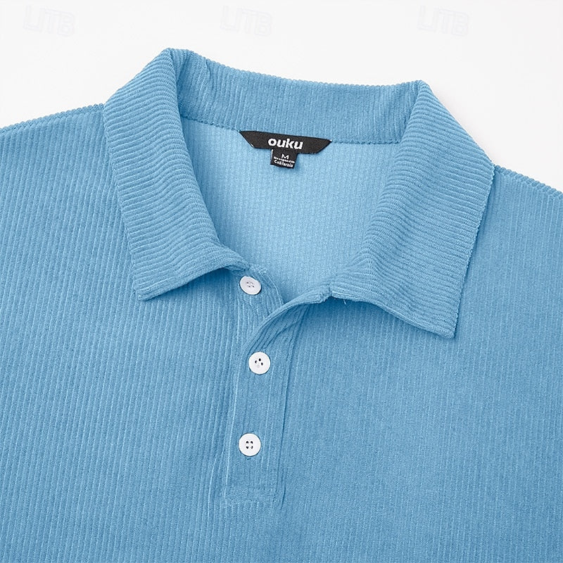 Men's Ribbed Knit Polo Shirt with Button Placket
