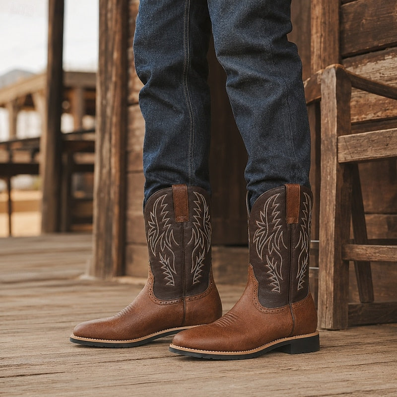 Men's Leather Western Cowboy Boots with Stitched Shaft