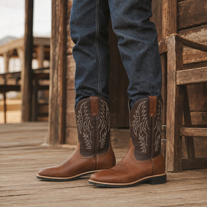 Men's Leather Western Cowboy Boots with Stitched Shaft