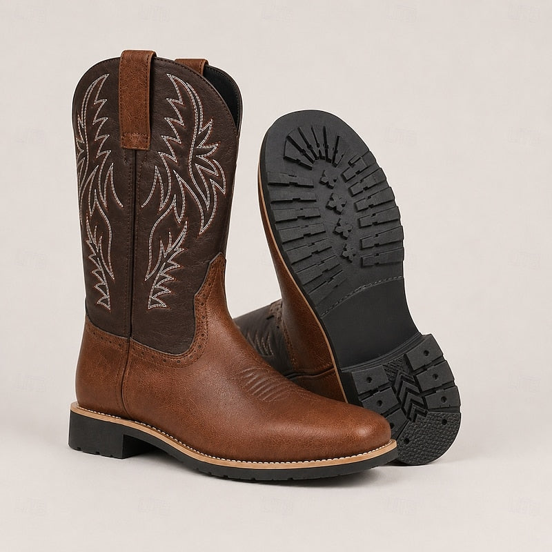 Men's Leather Western Cowboy Boots with Stitched Shaft