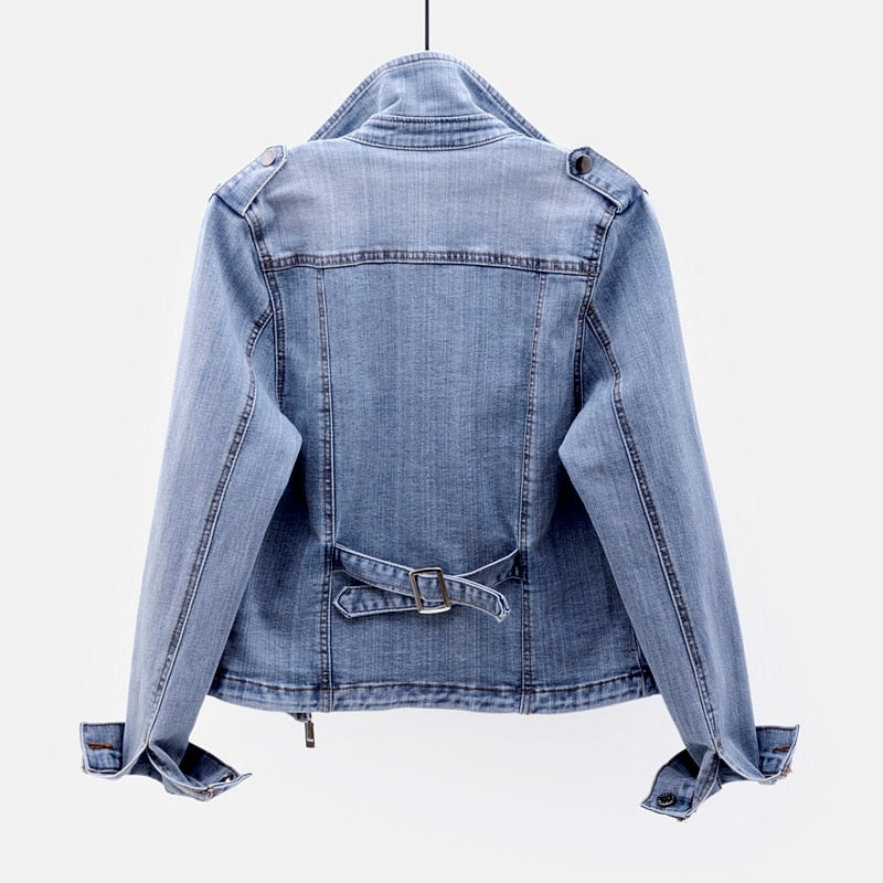 Women's Denim Biker Jacket with Zip Pockets