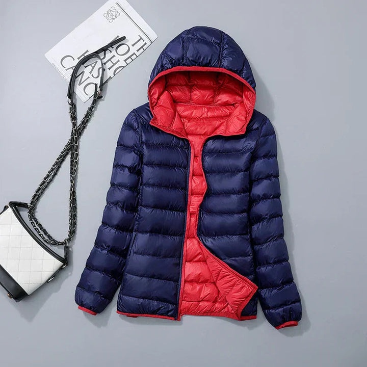 Women's Lightweight Down Hooded Puffer Jacket - Blue & Red