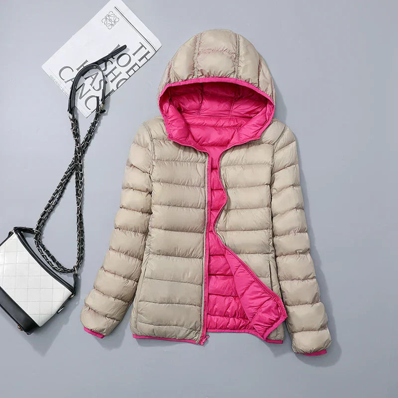 Women's Lightweight Down Hooded Puffer Jacket - Khaki & Pink
