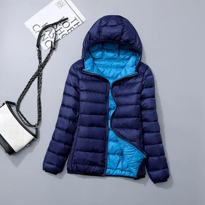 Women's Lightweight Down Hooded Puffer Jacket - Dark Blue & Sea Blue