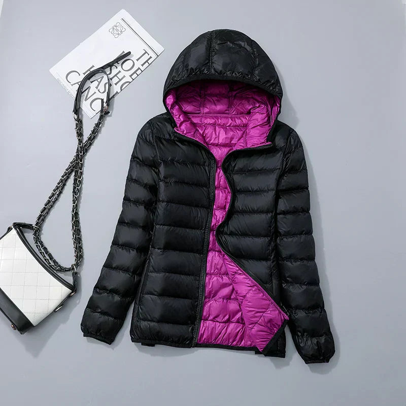 Women's Lightweight Down Hooded Puffer Jacket - Black & Purple