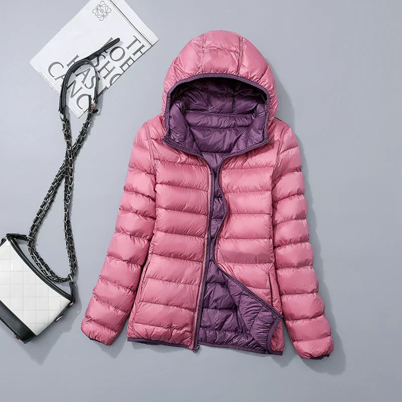 Women's Lightweight Down Hooded Puffer Jacket - Pink & Light Purple