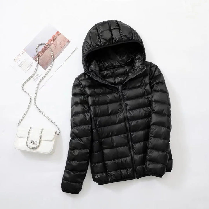 Women's Lightweight Down Hooded Puffer Jacket - Black