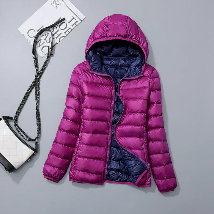 Women's Lightweight Down Hooded Puffer Jacket - Purple & Dark Blue