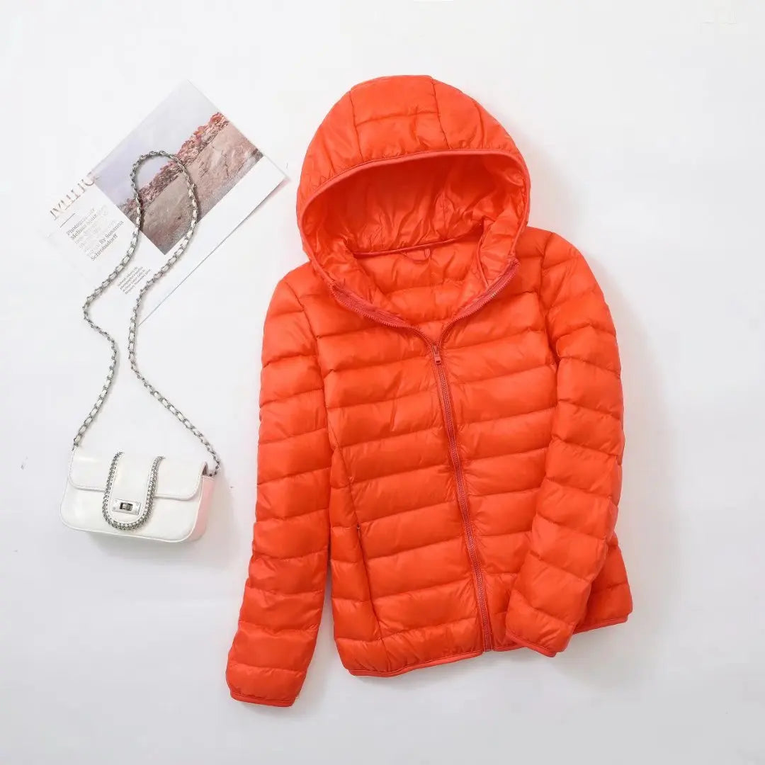 Women's Lightweight Down Hooded Puffer Jacket - Orange