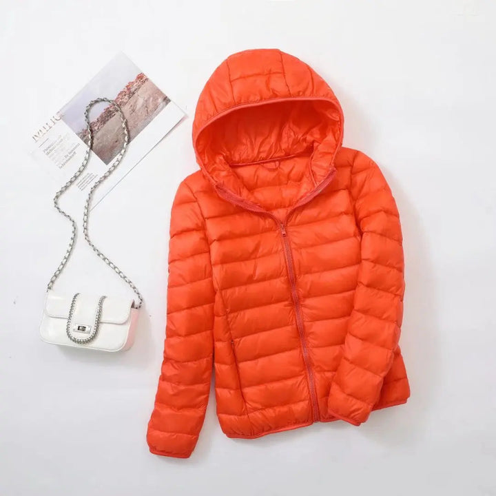 Women's Lightweight Down Hooded Puffer Jacket - Orange