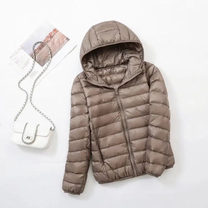 Women's Lightweight Down Hooded Puffer Jacket - Khaki