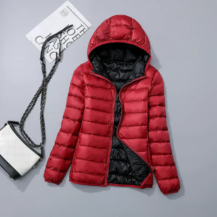 Women's Lightweight Down Hooded Puffer Jacket - Red & Black