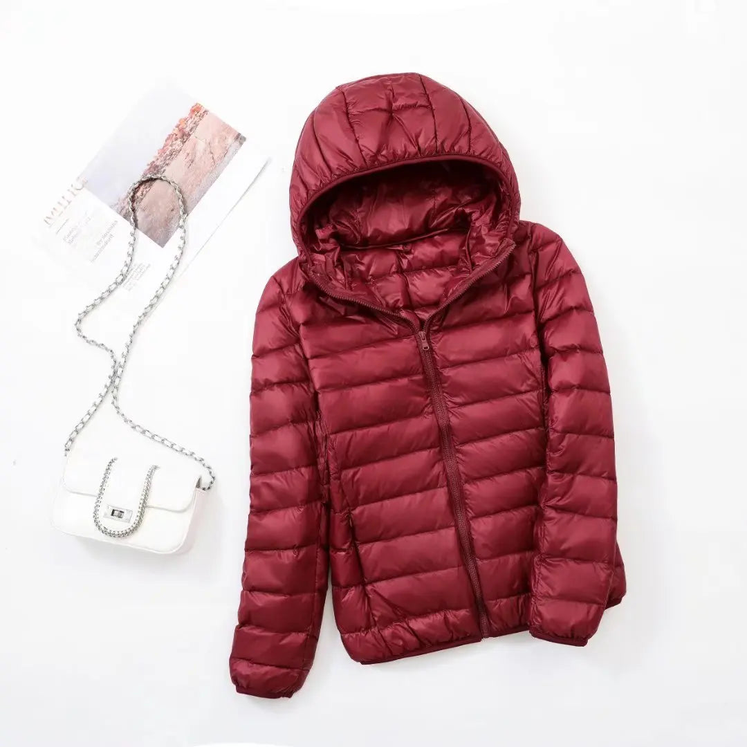 Women's Lightweight Down Hooded Puffer Jacket - Burgundy