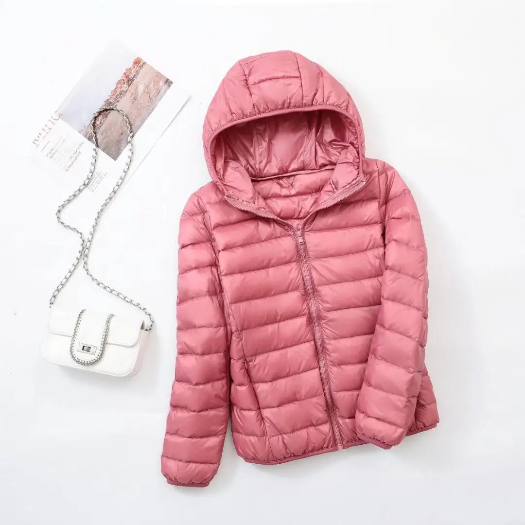 Women's Lightweight Down Hooded Puffer Jacket - Light Pink