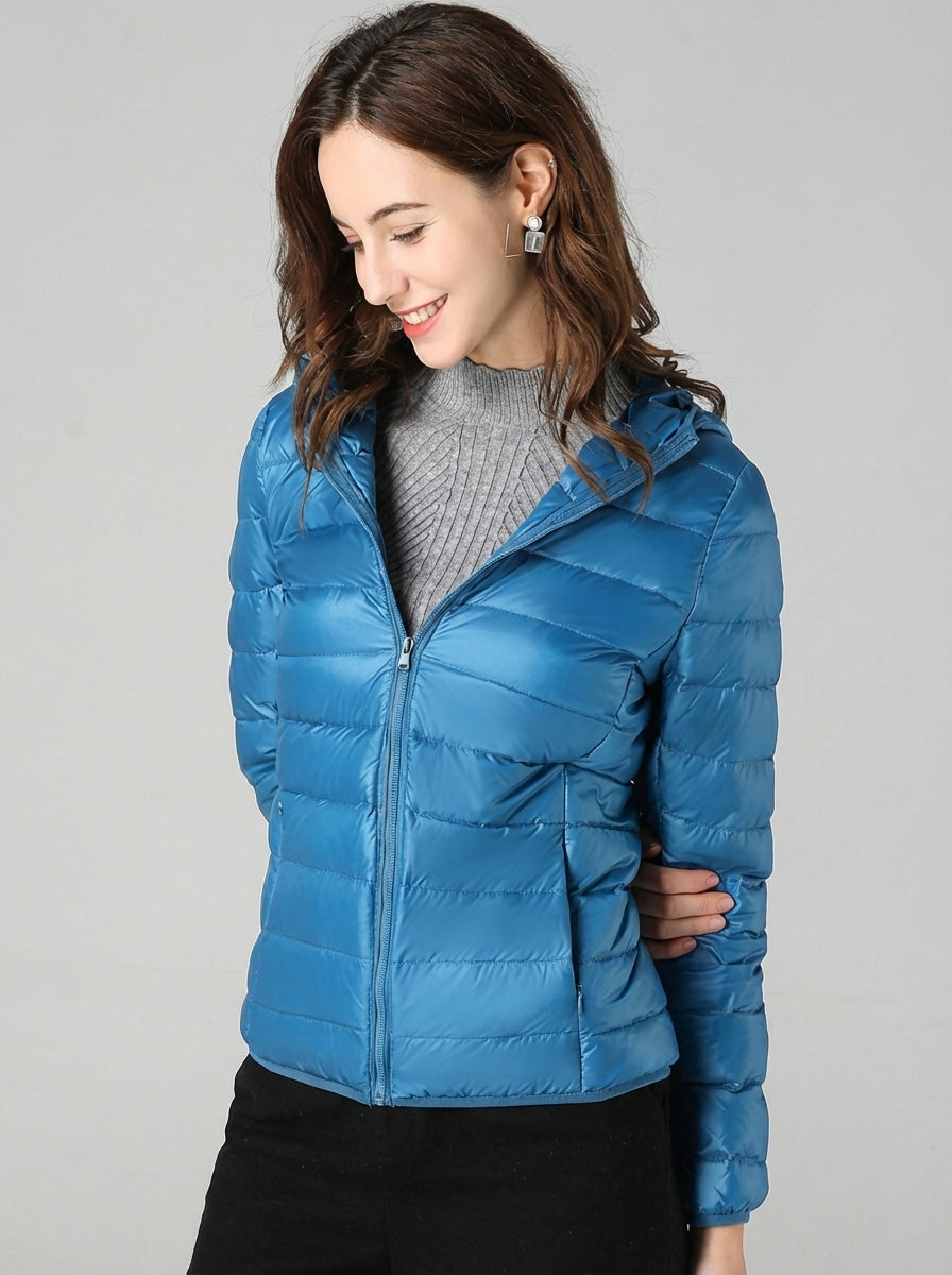Women's Lightweight Down Hooded Puffer Jacket - Blue