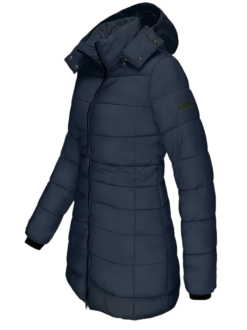 Women's Mid-Length Insulated Puffer Coat with Hood - Navy Blue
