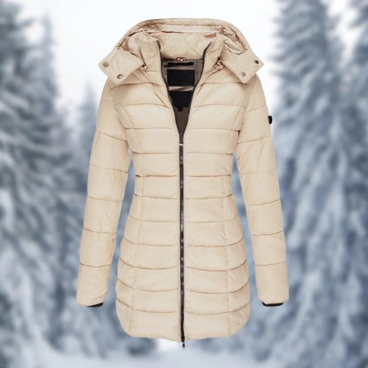 Women's Mid-Length Insulated Puffer Coat with Hood - Beige