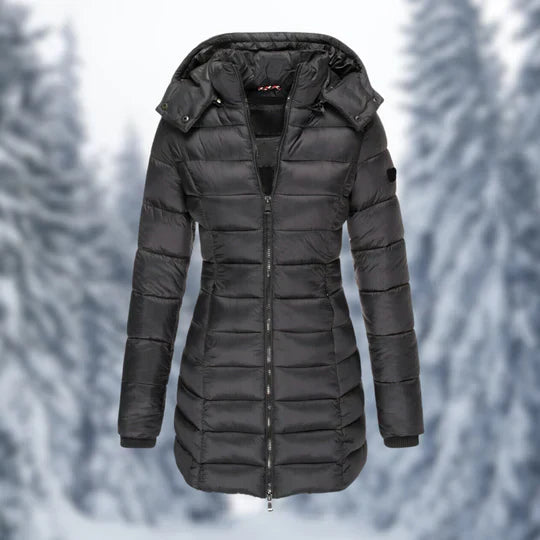 Women's Mid-Length Insulated Puffer Coat with Hood - Black