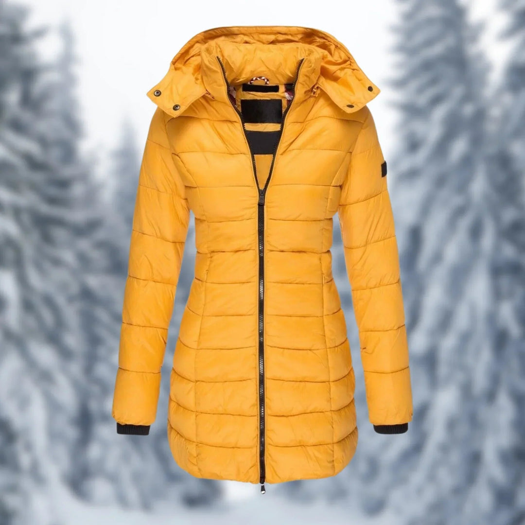 Women's Mid-Length Insulated Puffer Coat with Hood - Yellow