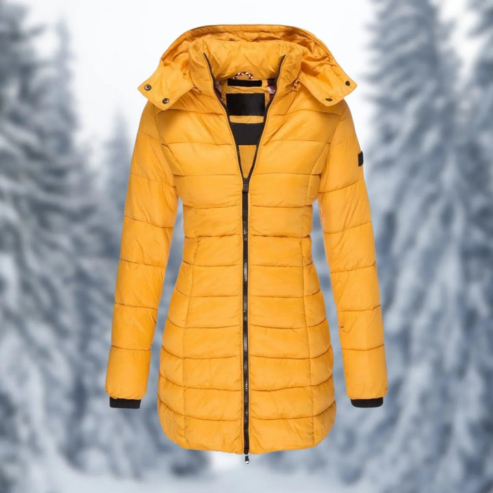 Women's Mid-Length Insulated Puffer Coat with Hood - Yellow
