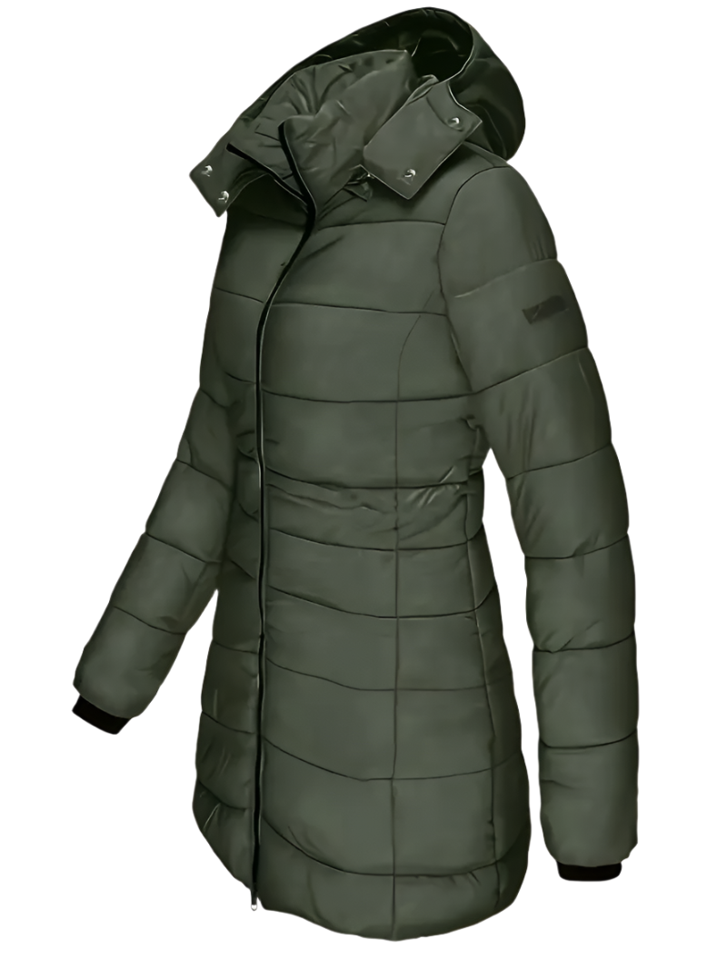 Women's Mid-Length Insulated Puffer Coat with Hood - Army Green