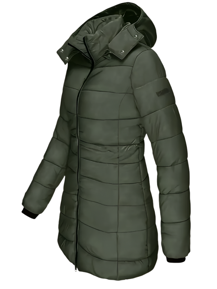 Women's Mid-Length Insulated Puffer Coat with Hood - Army Green