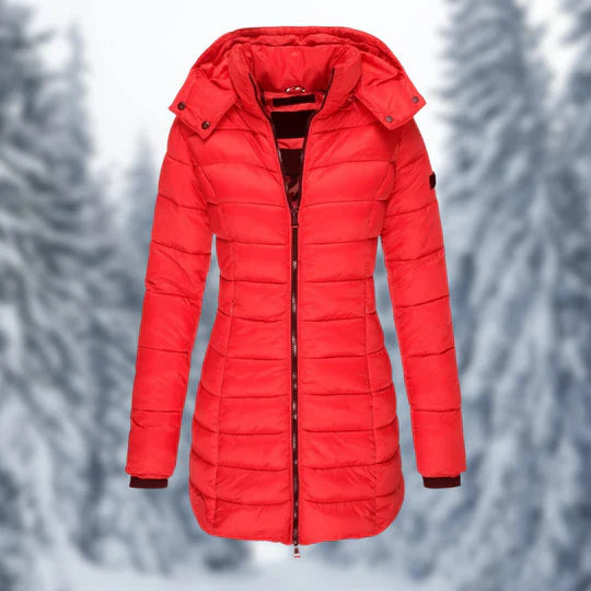 Women's Mid-Length Insulated Puffer Coat with Hood - Red