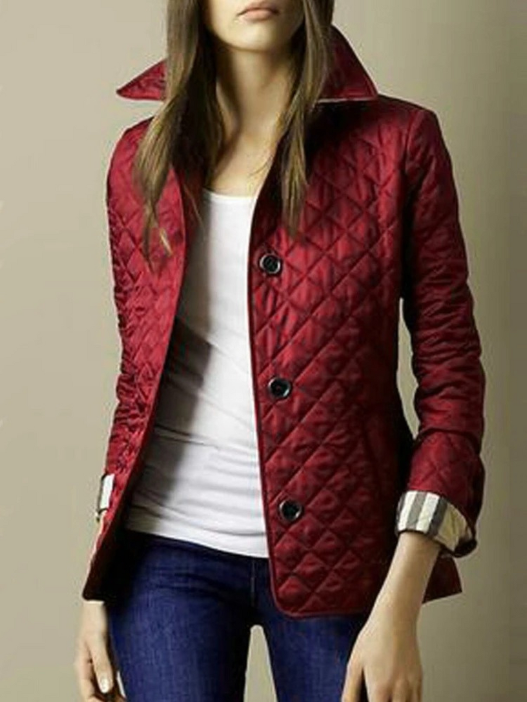 Women's Quilted Snap Jacket with Turn-Down Collar - Dark Red