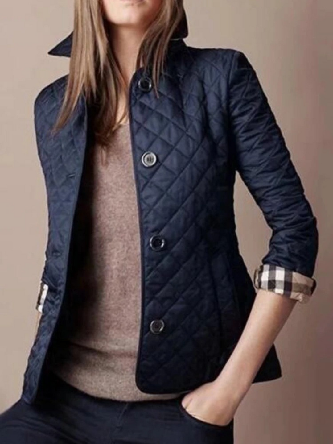 Women's Quilted Snap Jacket with Turn-Down Collar - Blue