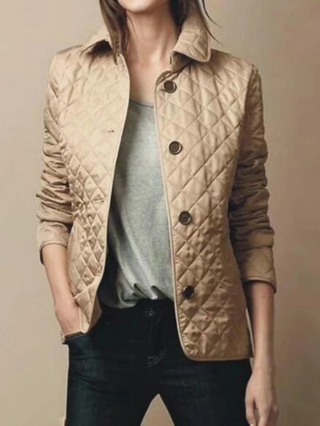 Women's Quilted Snap Jacket with Turn-Down Collar - Brown