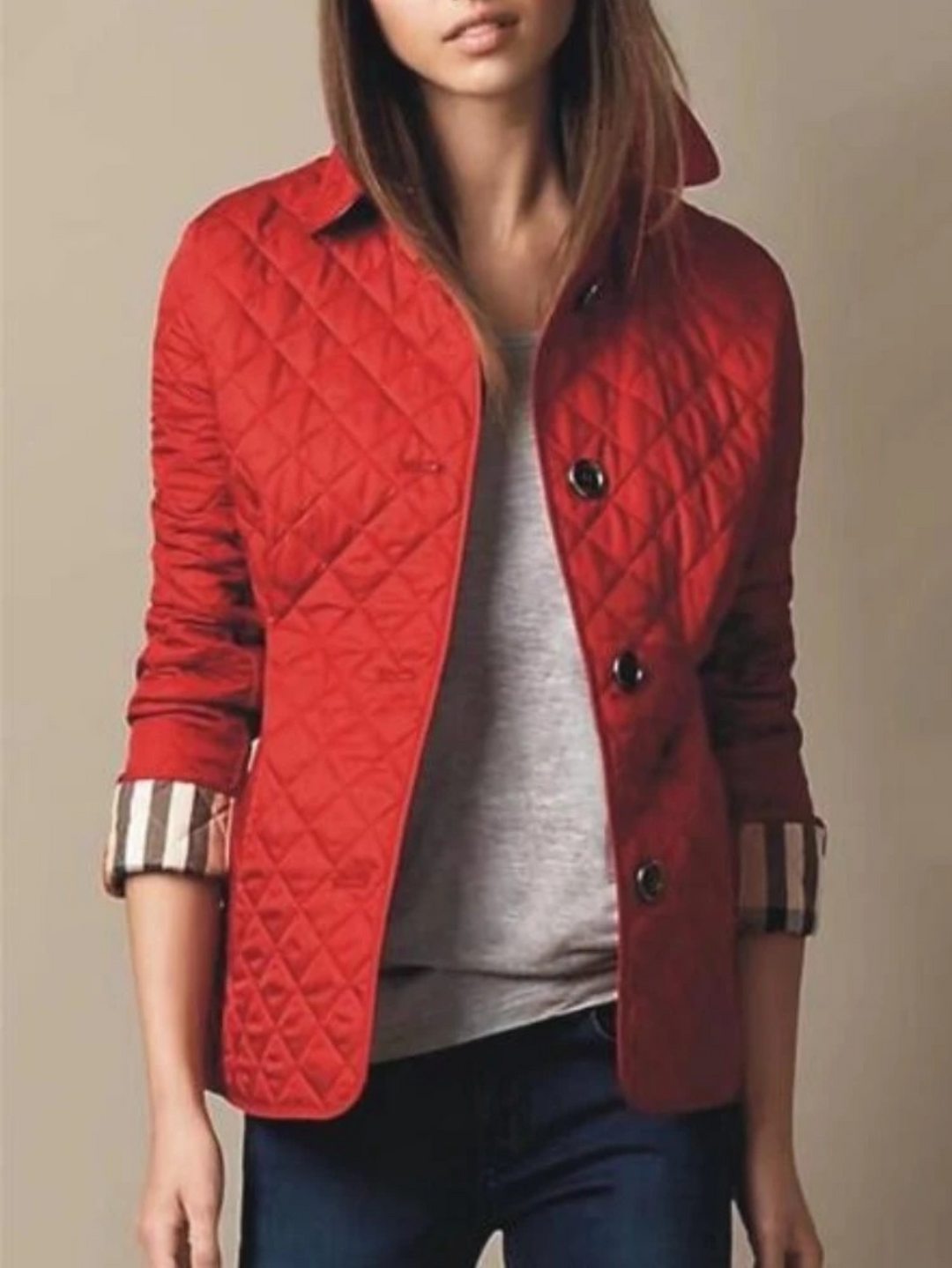 Women's Quilted Snap Jacket with Turn-Down Collar - Red