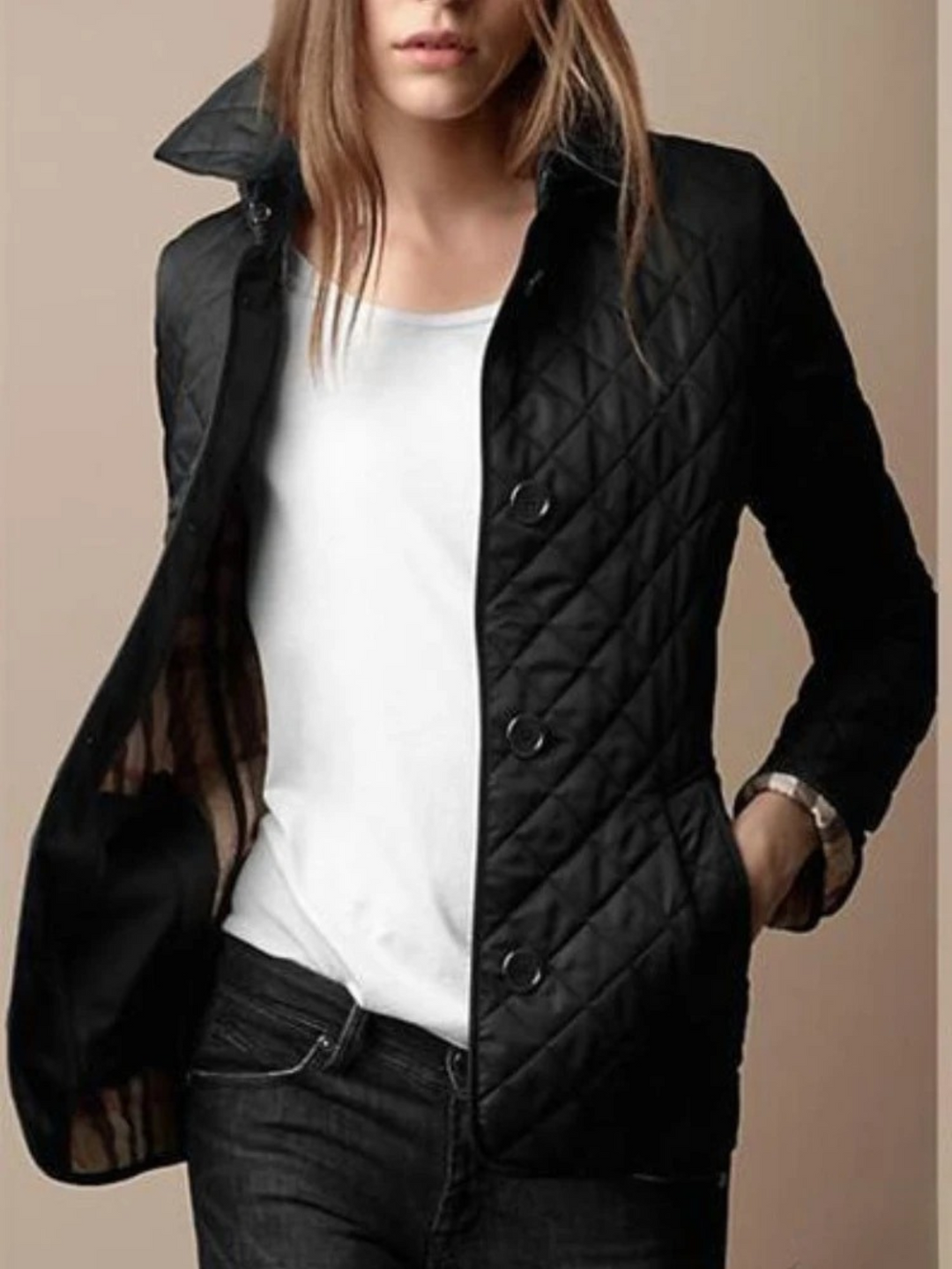 Women's Quilted Snap Jacket with Turn-Down Collar - Black