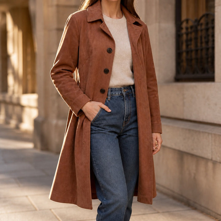 Women's Suedette Longline Trench Coat with Four-Button Front