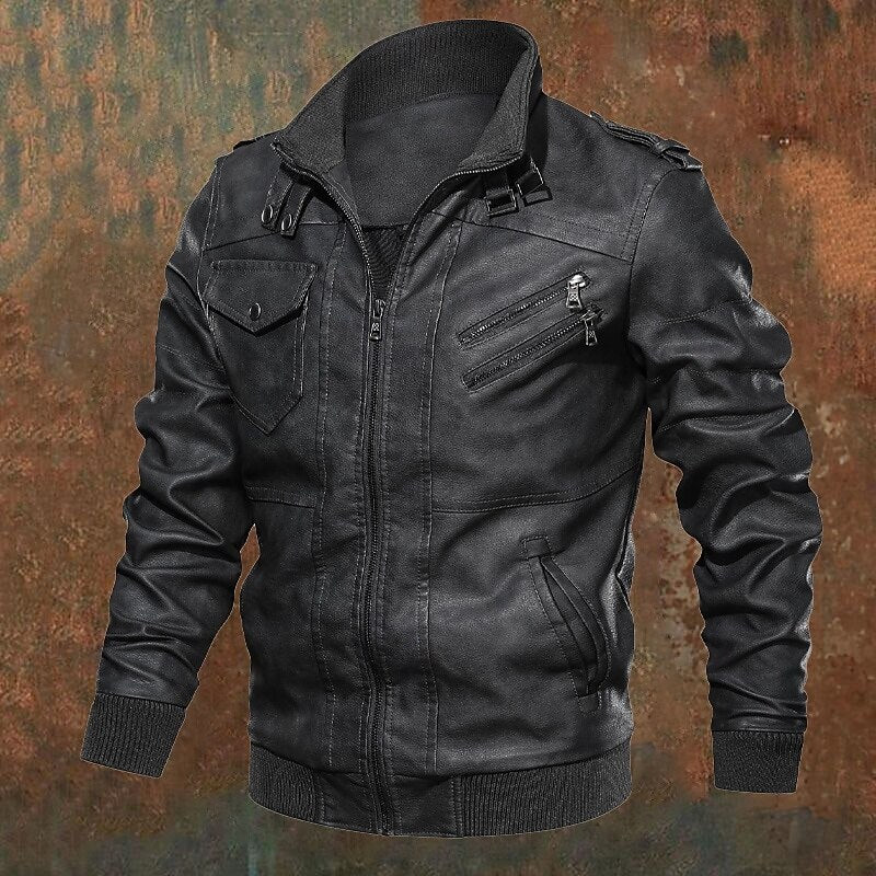 Men's Leather Biker Jacket with Stand Collar